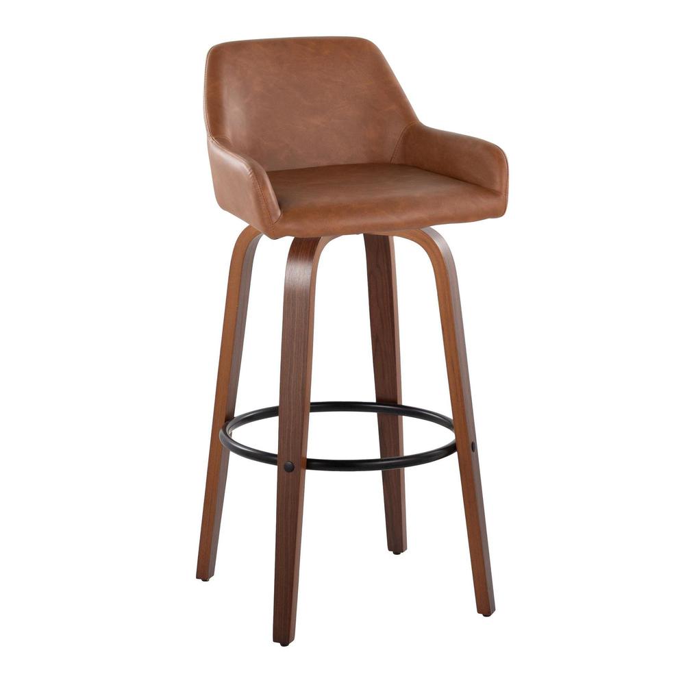 Walnut Wood, Black Metal, Camel PU Daniella 30" Fixed-Height Barstool - Set of 2. Picture 2