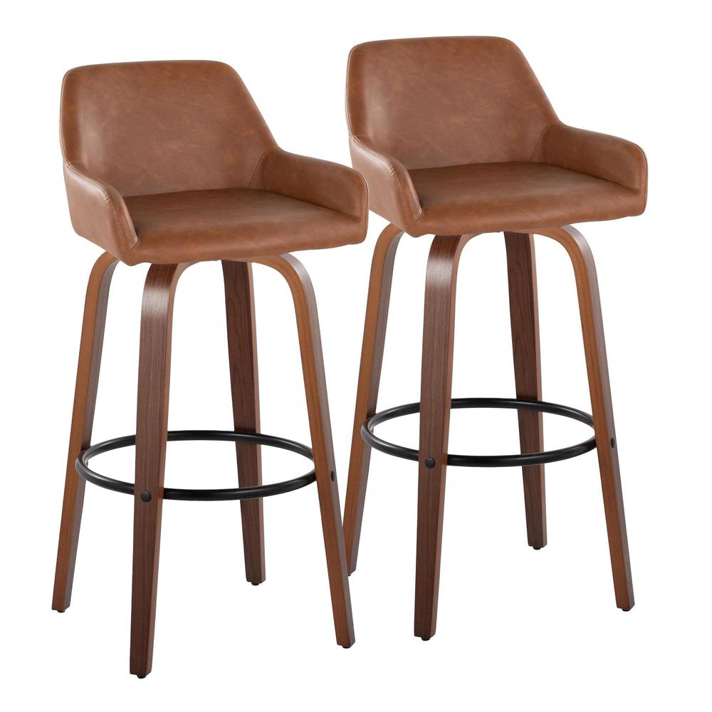 Walnut Wood, Black Metal, Camel PU Daniella 30" Fixed-Height Barstool - Set of 2. Picture 1