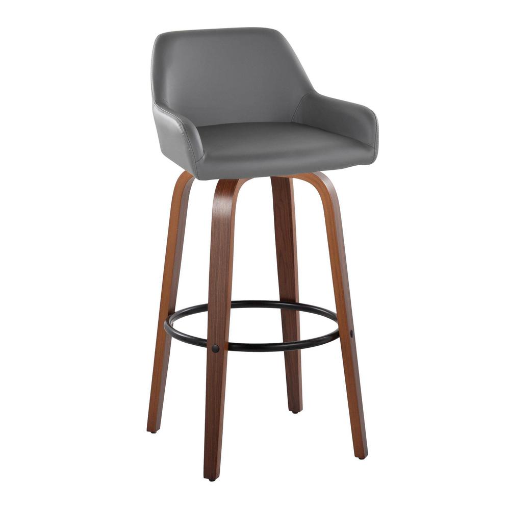 Walnut Wood, Black Metal, Grey PU Daniella 30" Fixed-Height Barstool - Set of 2. Picture 2