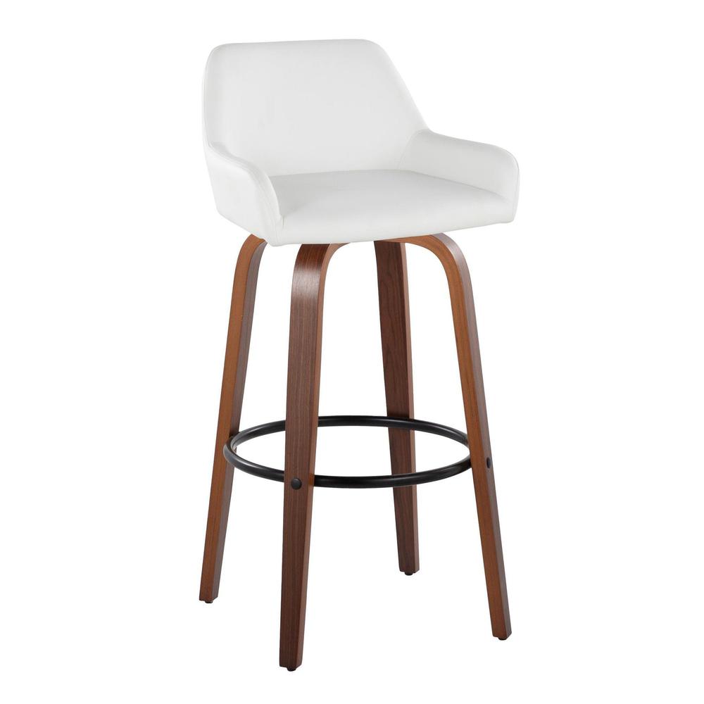 Walnut Wood, Black Metal, White PU Daniella 30" Fixed-Height Barstool - Set of 2. Picture 2