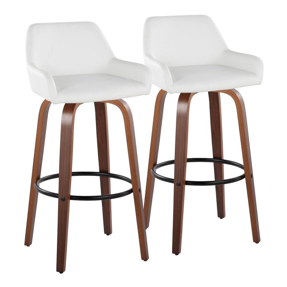 Walnut Wood, Black Metal, White PU Daniella 30" Fixed-Height Barstool - Set of 2. Picture 1