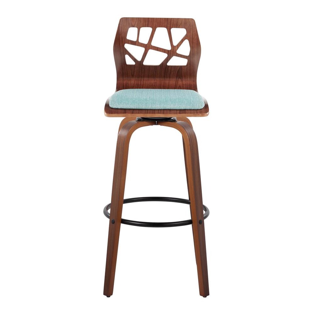 Walnut Wood, Black Metal, Teal Fabric Folia 30" Fixed-Height Barstool - Set of 2. Picture 6