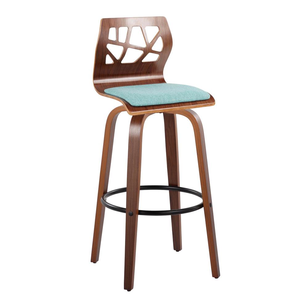 Walnut Wood, Black Metal, Teal Fabric Folia 30" Fixed-Height Barstool - Set of 2. Picture 2