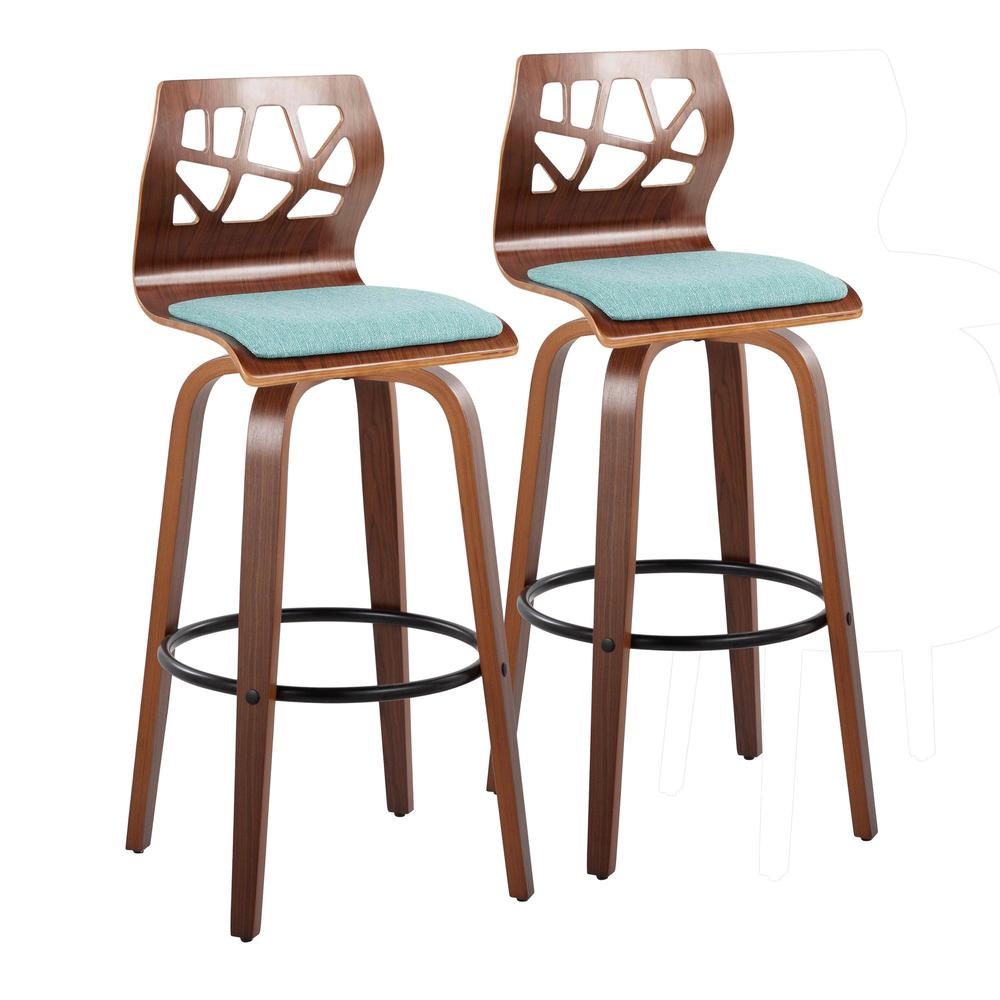 Walnut Wood, Black Metal, Teal Fabric Folia 30" Fixed-Height Barstool - Set of 2. Picture 1