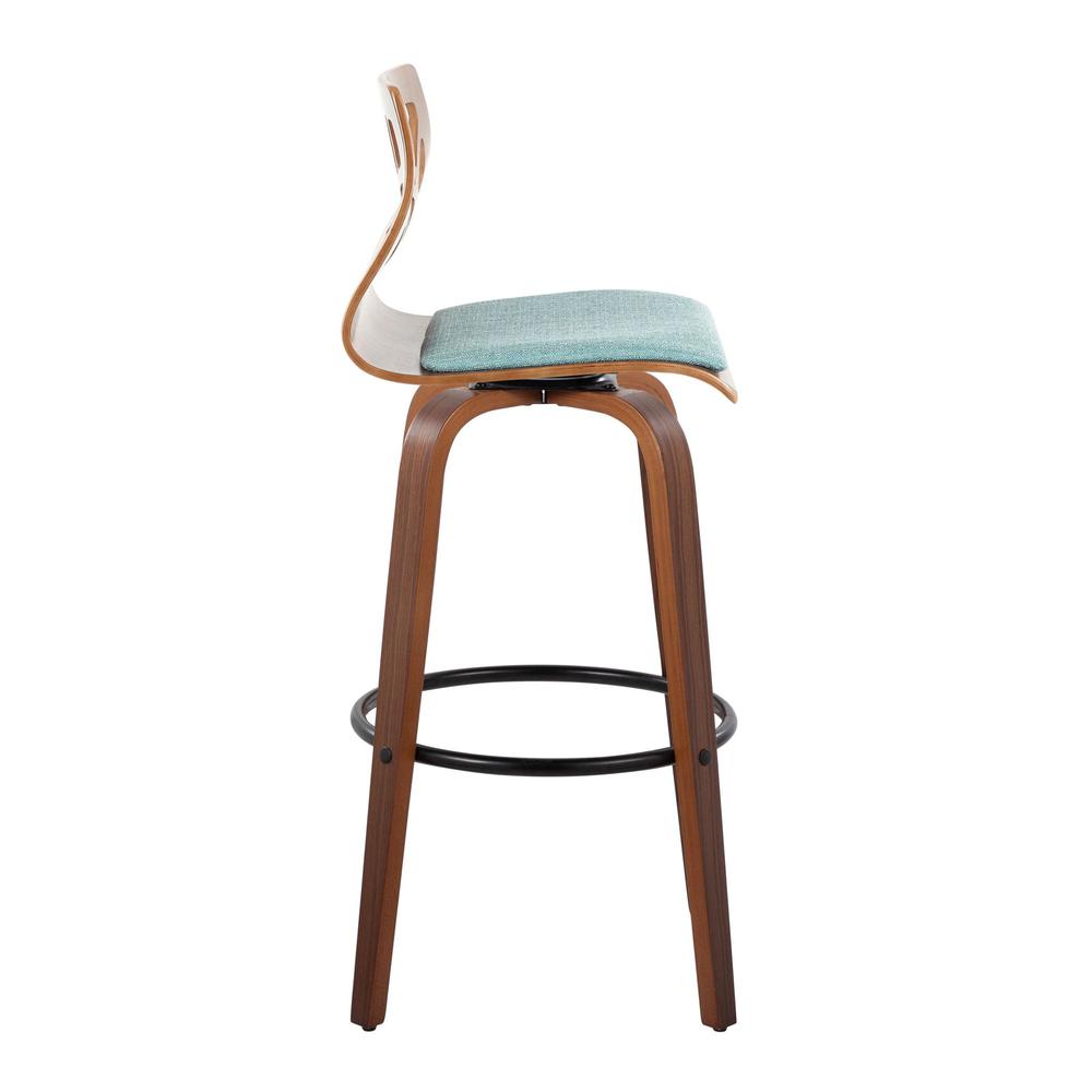 Walnut Wood, Black Metal, Teal Fabric Folia 30" Fixed-Height Barstool - Set of 2. Picture 3