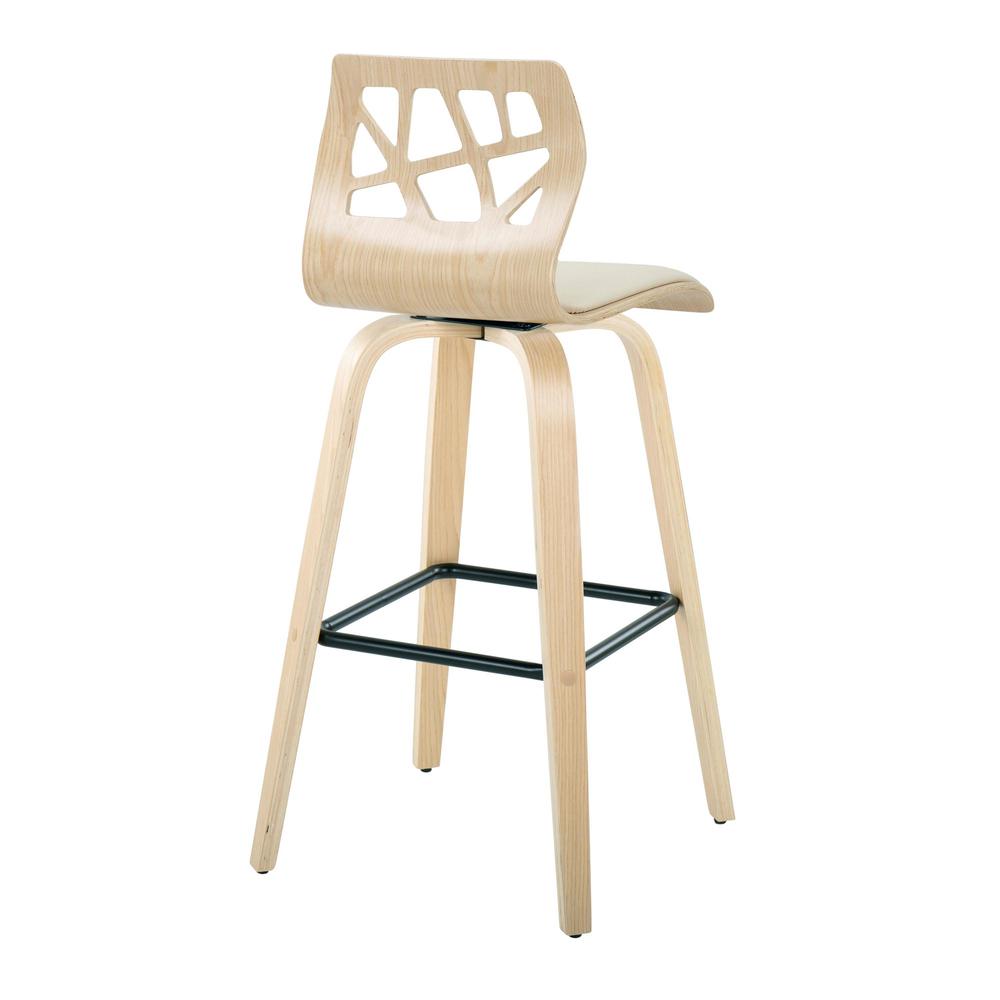 Black Metal, Natural Wood, Cream PU Folia 30" Fixed-Height Barstool - Set of 2. Picture 4