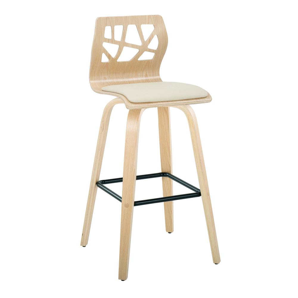 Black Metal, Natural Wood, Cream PU Folia 30" Fixed-Height Barstool - Set of 2. Picture 2