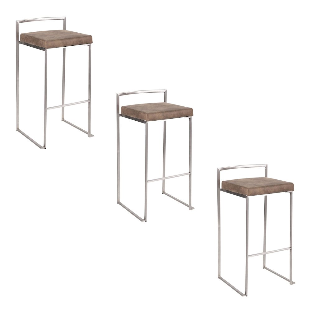 Fuji Stacker 30" Fixed-Height Barstool - Set of 3 in Stainless Steel. Picture 1