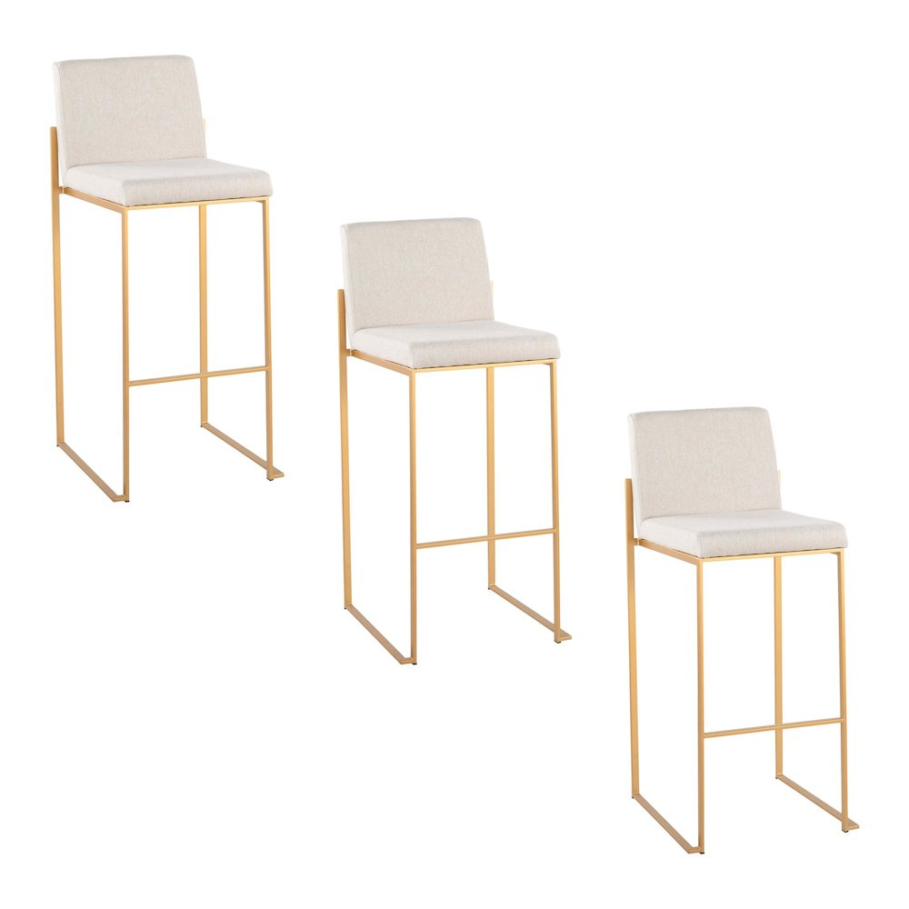 Fuji High Back 30" Fixed-Height Barstool - Set of 3 in Gold Steel. Picture 1