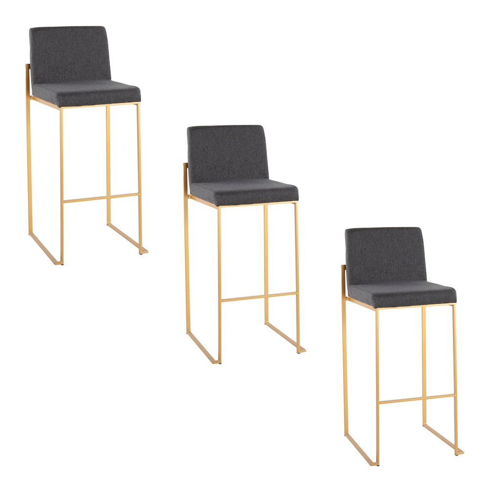 Fuji High Back 30" Fixed-Height Barstool - Set of 3 in Gold Steel. Picture 1