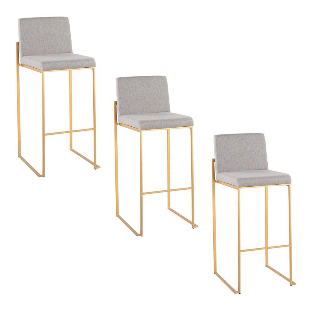 Fuji High Back 30" Fixed-Height Barstool - Set of 3 in Gold Steel. Picture 1