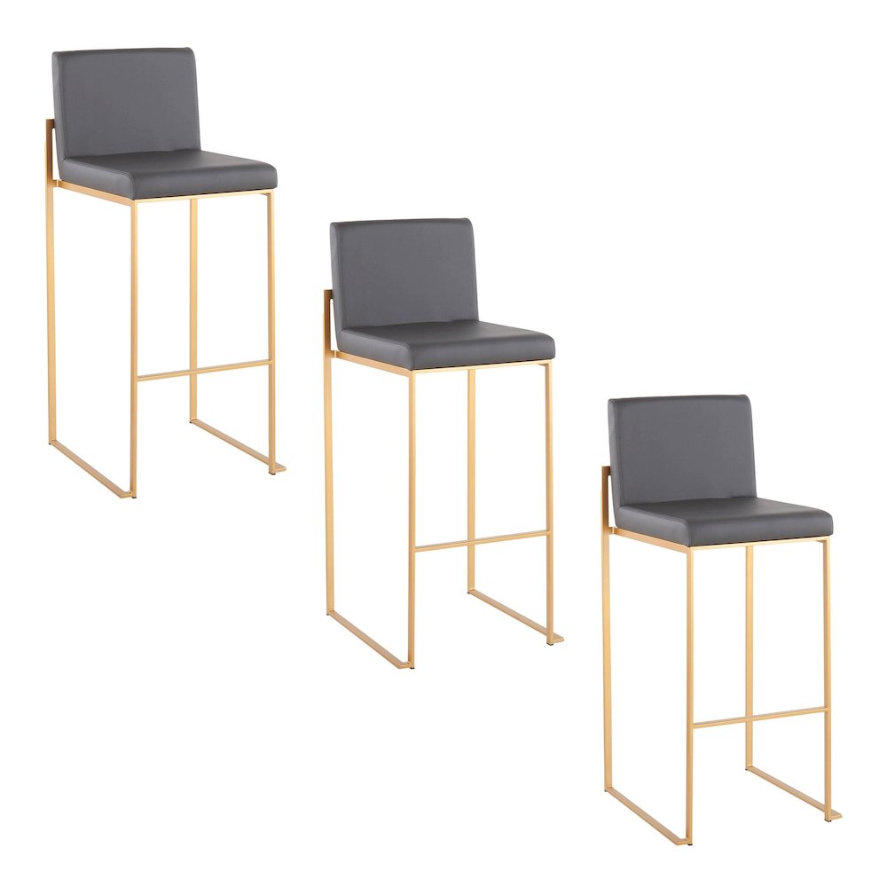 Fuji High Back 30" Fixed-Height Barstool - Set of 3 in Gold Steel, Grey PU color. Picture 1