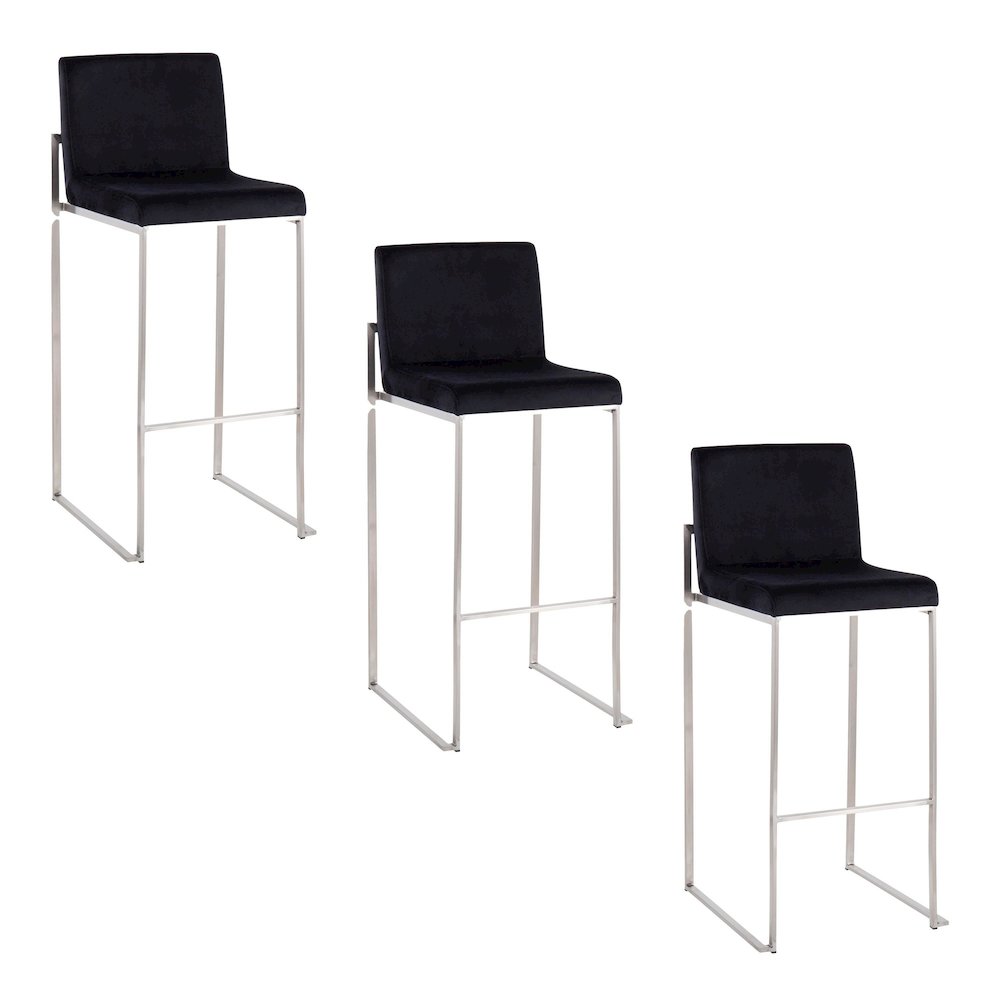 Fuji High Back 30" Fixed-Height Barstool - Set of 3 in Stainless Steel. Picture 1