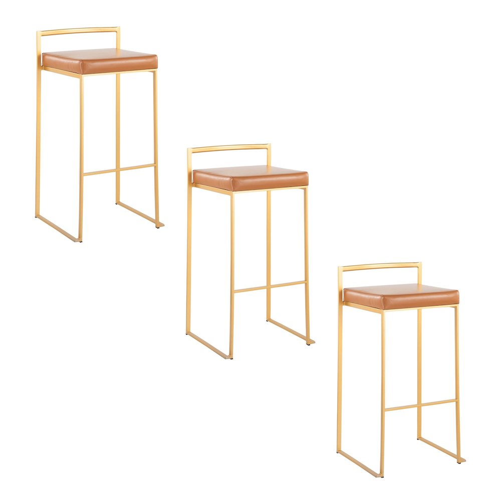 Fuji Stacker 30" Fixed-Height Barstool - Set of 3 in Gold Steel, Camel PU color. Picture 1
