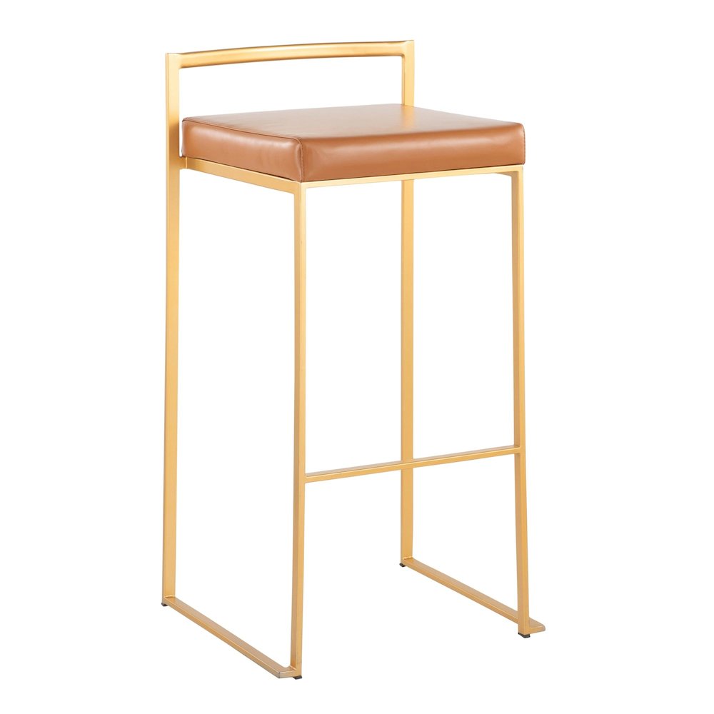 Fuji Stacker 30" Fixed-Height Barstool - Set of 3 in Gold Steel, Camel PU color. Picture 2