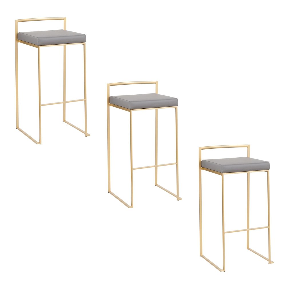 Fuji Stacker 30" Fixed-Height Barstool - Set of 3 in Gold Metal, Grey PU color. Picture 1