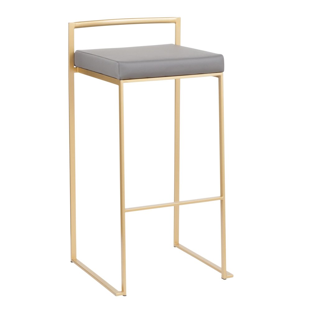 Fuji Stacker 30" Fixed-Height Barstool - Set of 3 in Gold Metal, Grey PU color. Picture 2