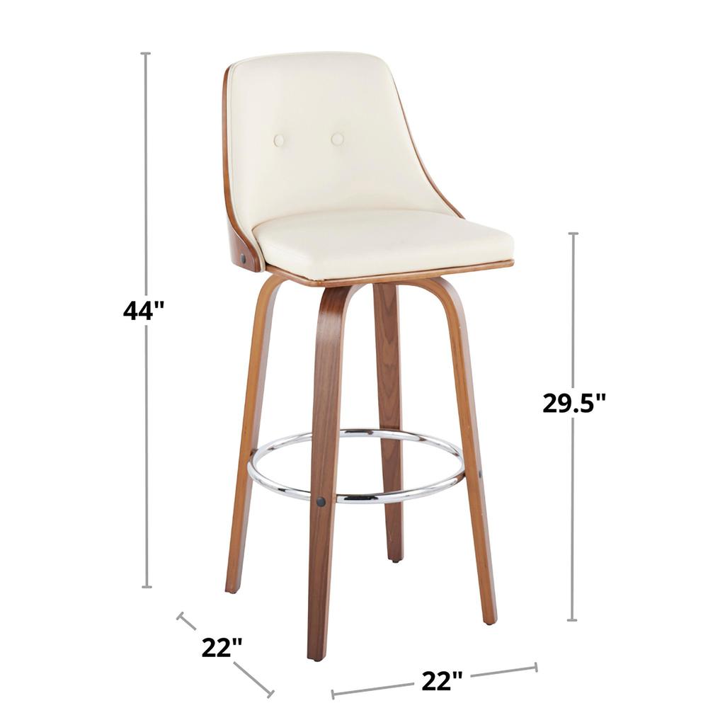 Walnut Wood, Chrome Metal, White PU Gianna Fixed-Height Barstool - Set of 2. Picture 8
