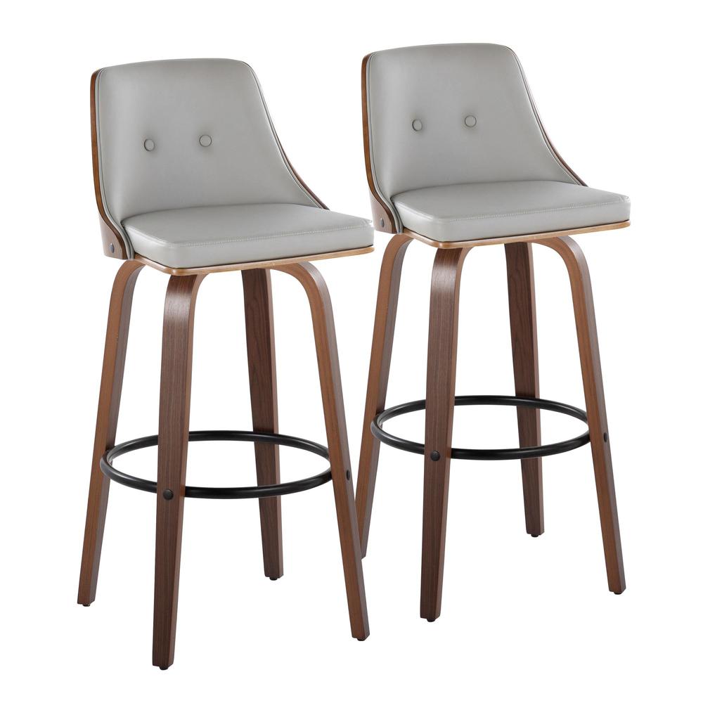 Walnut Wood, Light Grey PU, Black Metal Gianna Fixed-Height Barstool - Set of 2. Picture 1