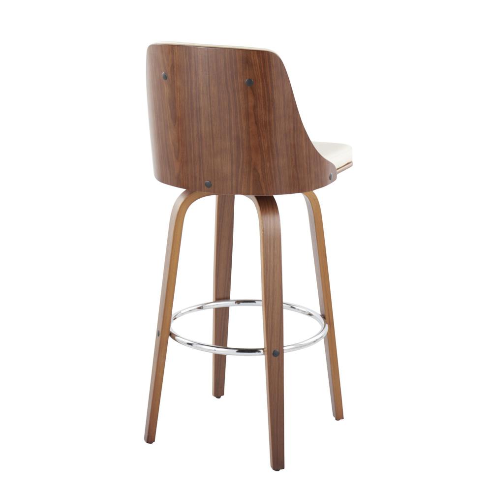 Walnut Wood, Chrome Metal, Cream PU Gianna Fixed-Height Barstool - Set of 2. Picture 4
