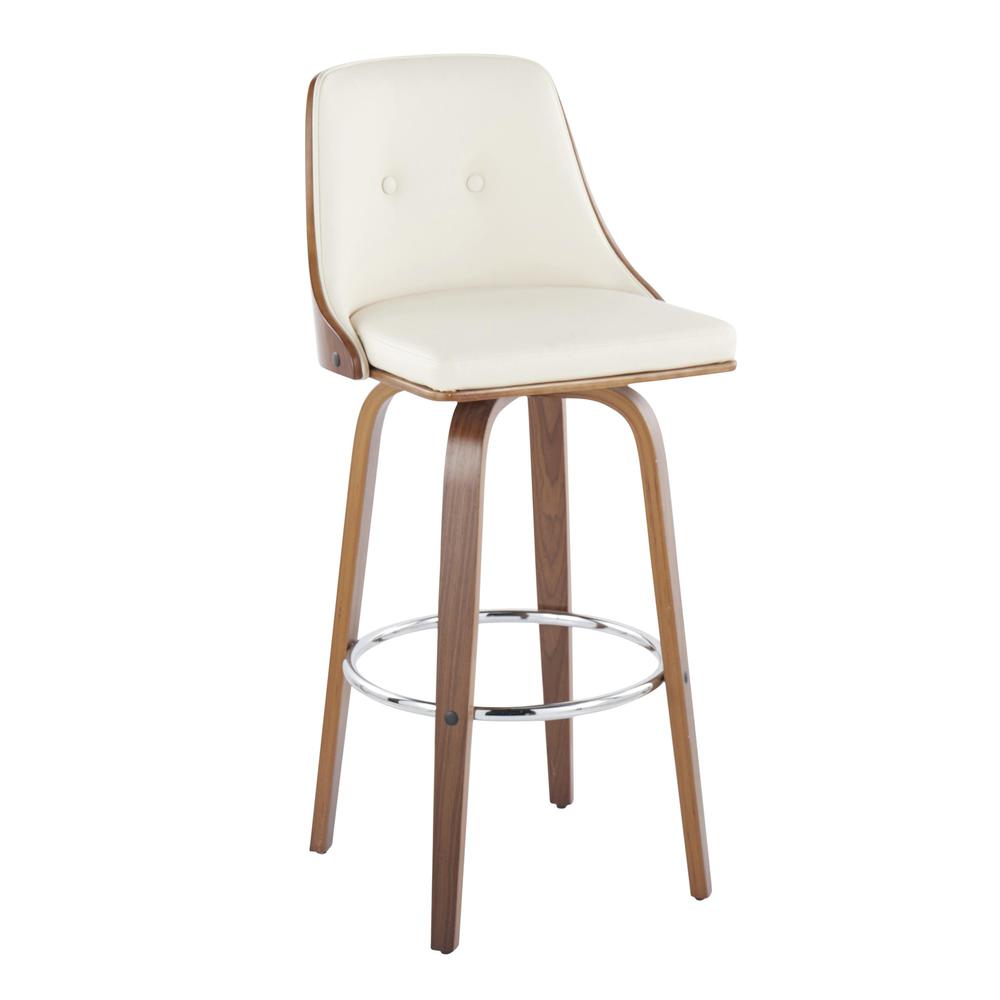Walnut Wood, Chrome Metal, Cream PU Gianna Fixed-Height Barstool - Set of 2. Picture 2