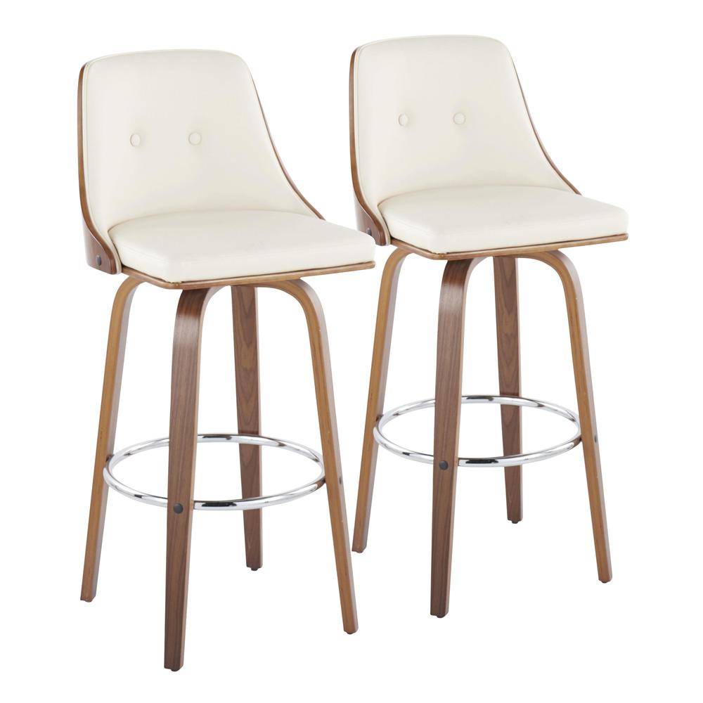 Walnut Wood, Chrome Metal, Cream PU Gianna Fixed-Height Barstool - Set of 2. Picture 1