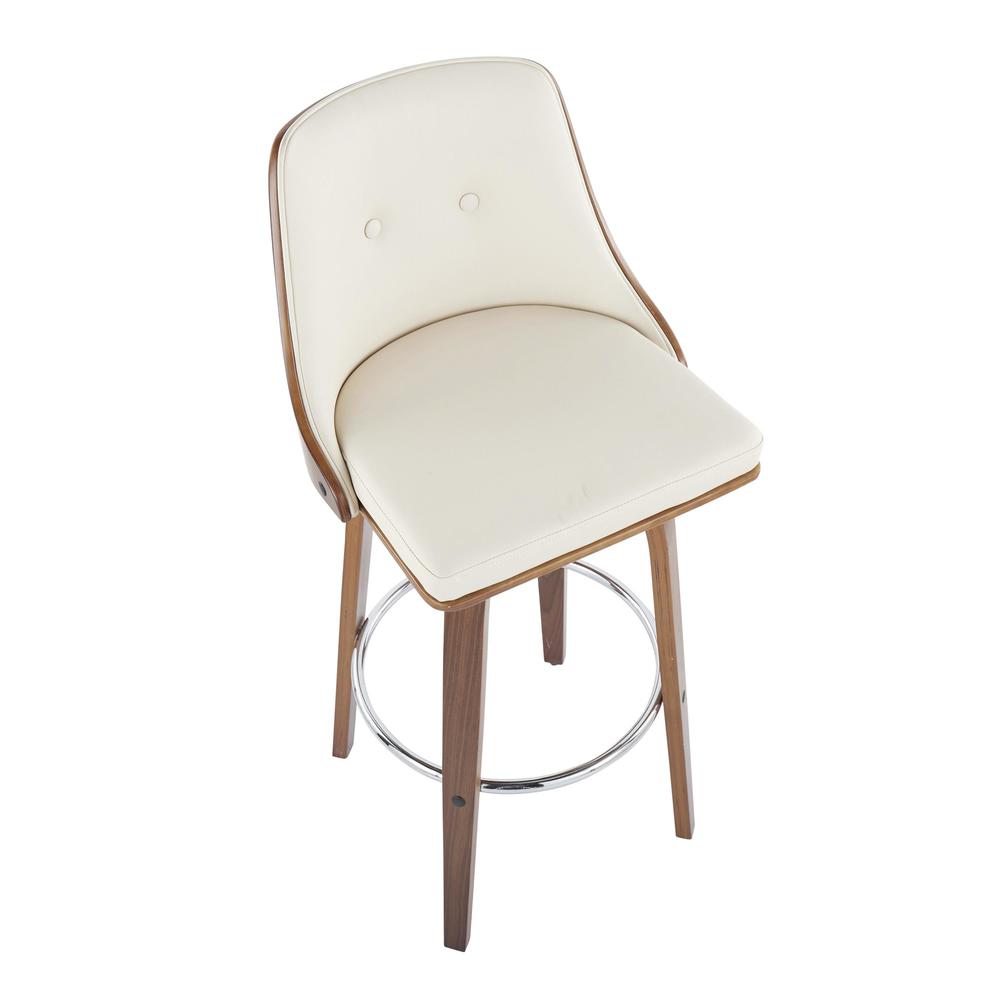 Walnut Wood, Chrome Metal, Cream PU Gianna Fixed-Height Barstool - Set of 2. Picture 7