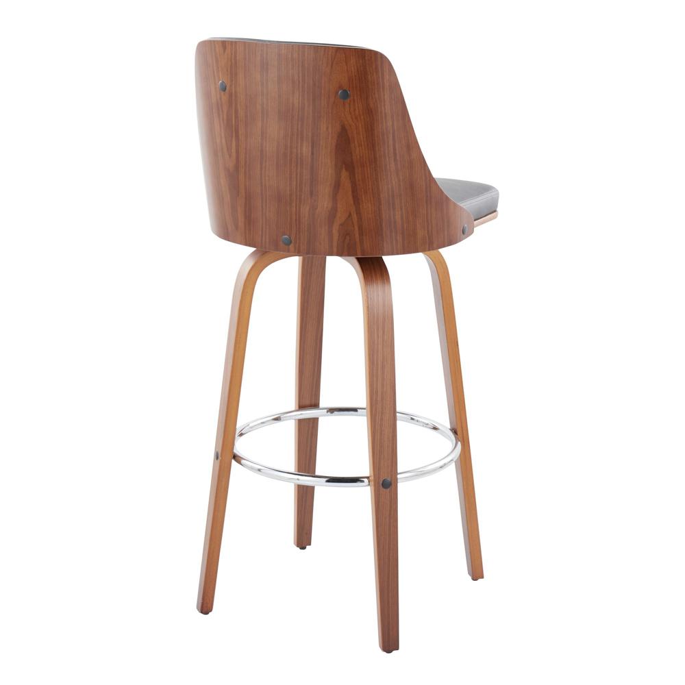 Walnut Wood, Chrome Metal, Grey PU Gianna Fixed-Height Barstool - Set of 2. Picture 4