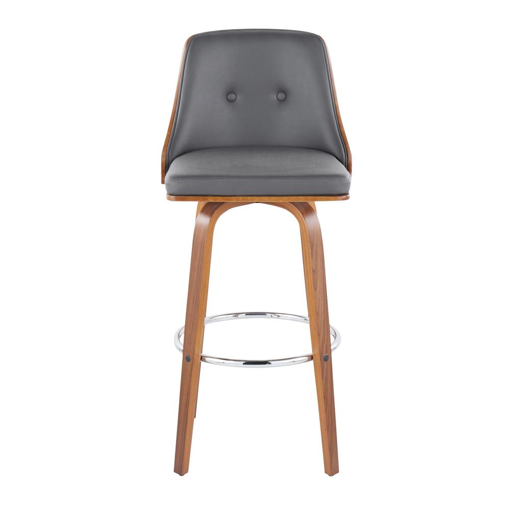 Walnut Wood, Chrome Metal, Grey PU Gianna Fixed-Height Barstool - Set of 2. Picture 6
