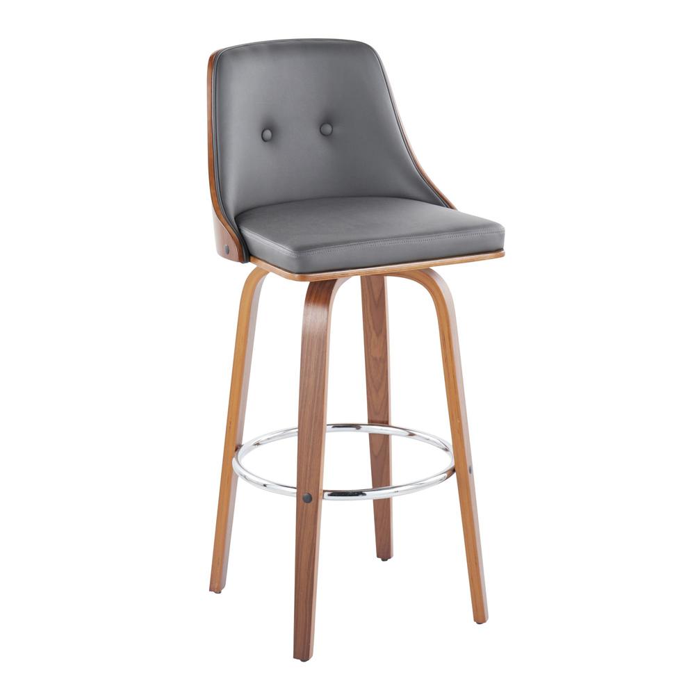 Walnut Wood, Chrome Metal, Grey PU Gianna Fixed-Height Barstool - Set of 2. Picture 2