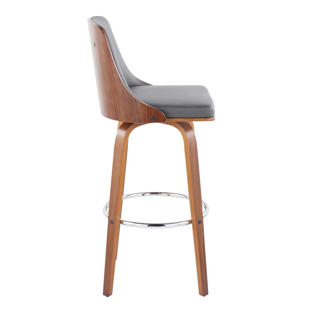 Walnut Wood, Chrome Metal, Grey PU Gianna Fixed-Height Barstool - Set of 2. Picture 3