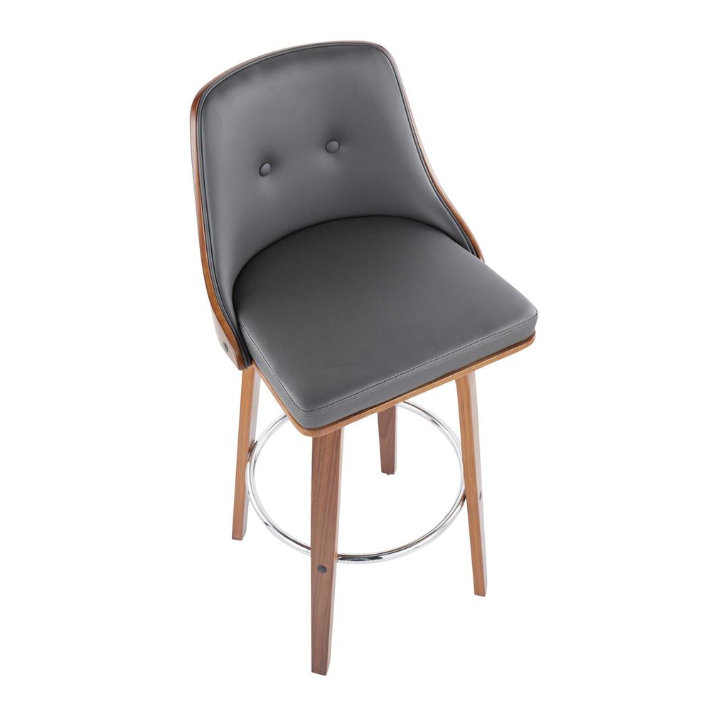 Walnut Wood, Chrome Metal, Grey PU Gianna Fixed-Height Barstool - Set of 2. Picture 7