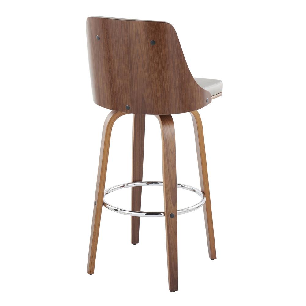 Walnut Wood, Chrome Metal, Light Grey PU Gianna Fixed-Height Barstool - Set of 2. Picture 4