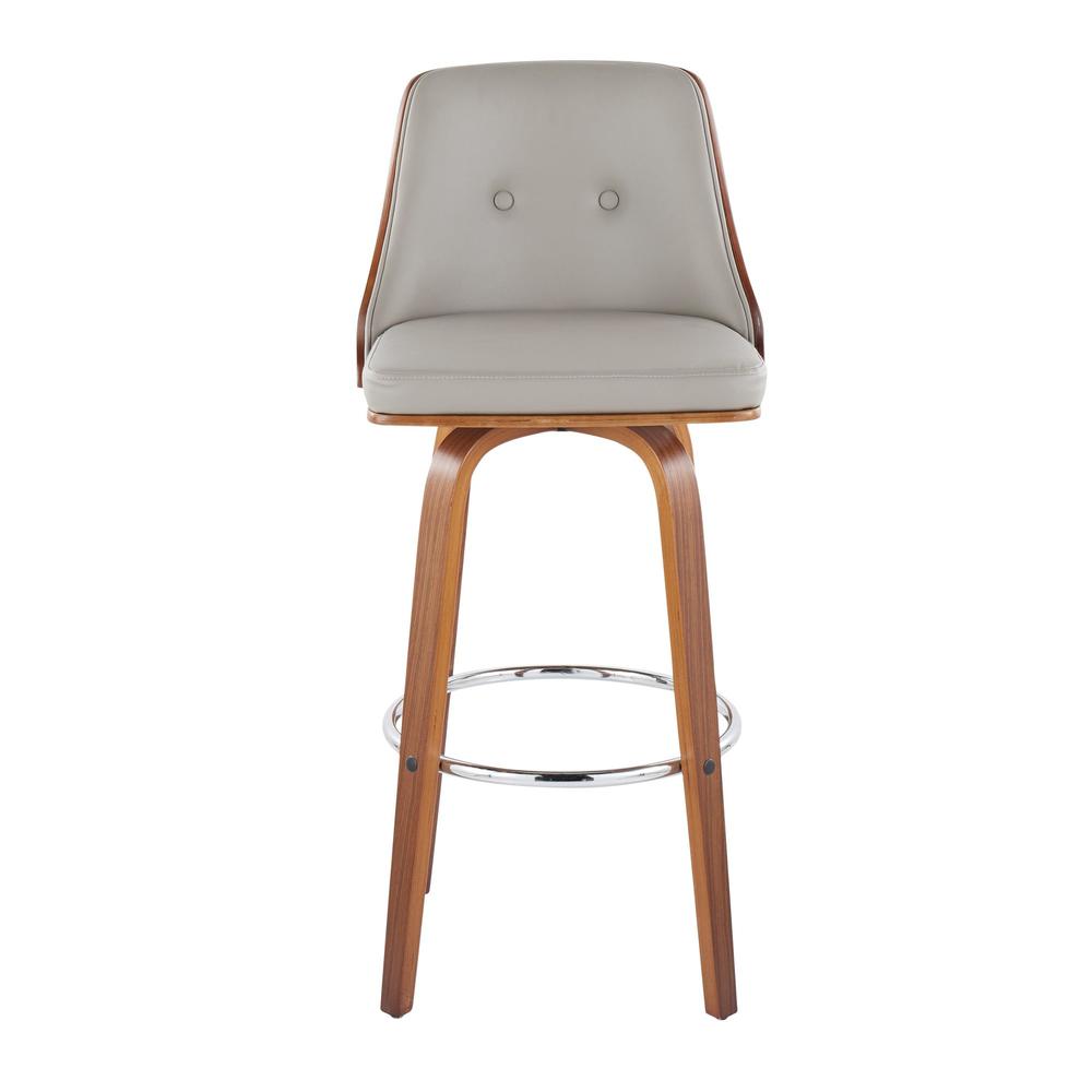 Walnut Wood, Chrome Metal, Light Grey PU Gianna Fixed-Height Barstool - Set of 2. Picture 6