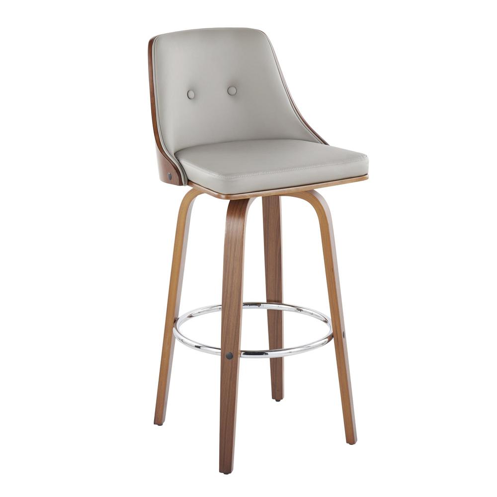 Walnut Wood, Chrome Metal, Light Grey PU Gianna Fixed-Height Barstool - Set of 2. Picture 2