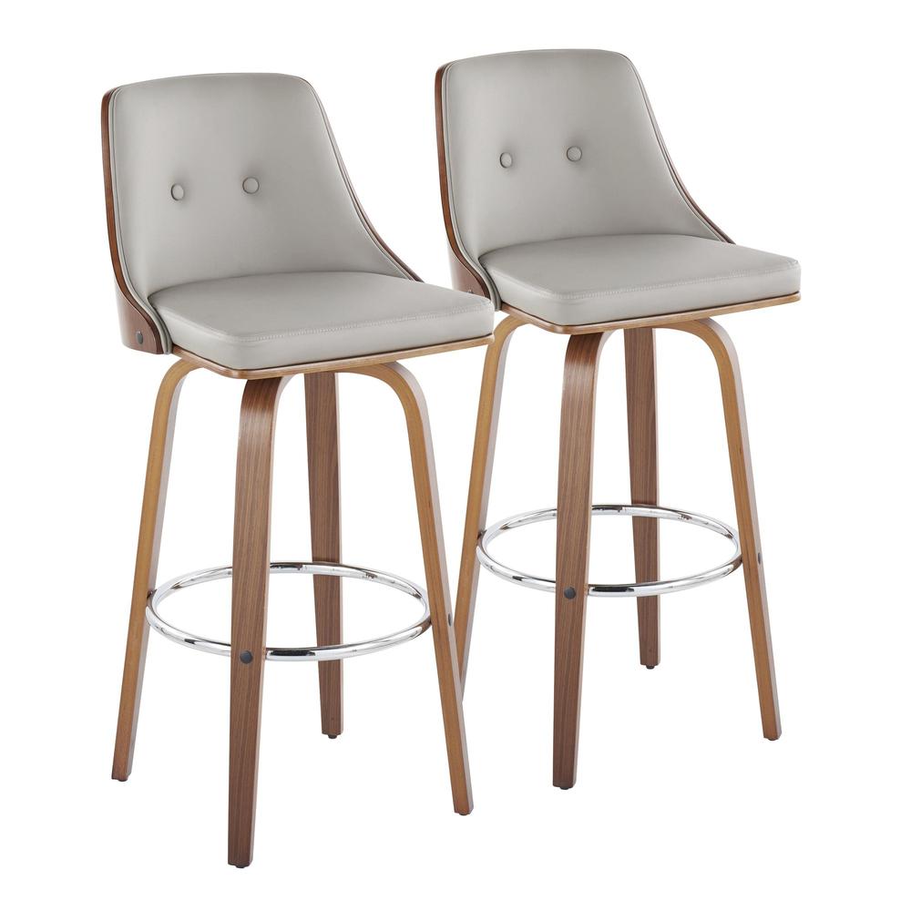Walnut Wood, Chrome Metal, Light Grey PU Gianna Fixed-Height Barstool - Set of 2. Picture 1