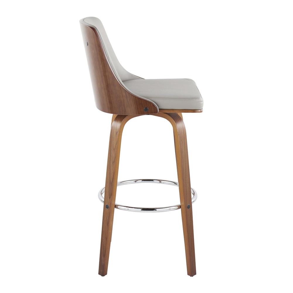 Walnut Wood, Chrome Metal, Light Grey PU Gianna Fixed-Height Barstool - Set of 2. Picture 3