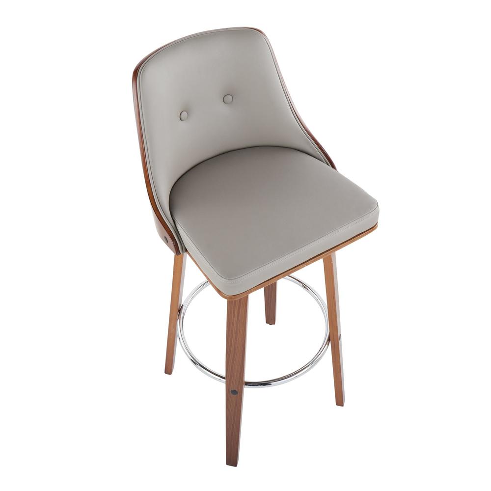 Walnut Wood, Chrome Metal, Light Grey PU Gianna Fixed-Height Barstool - Set of 2. Picture 7