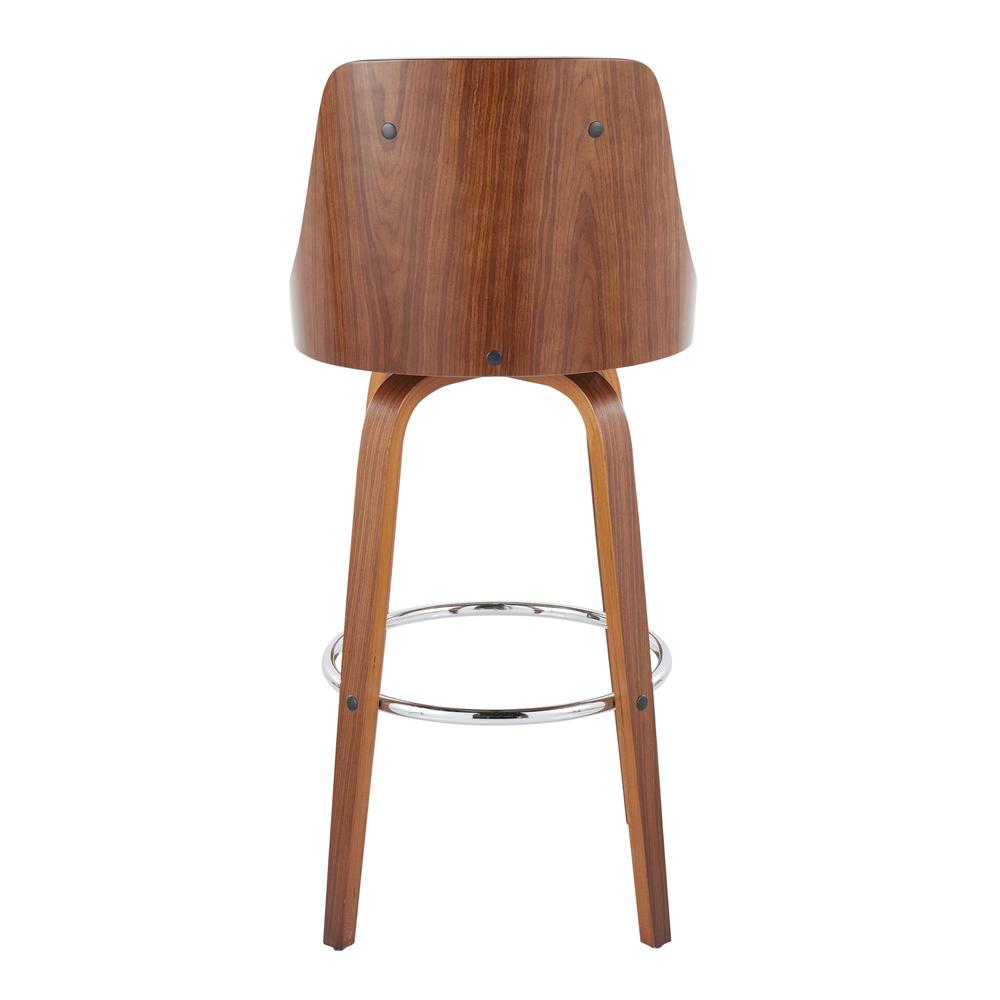 Walnut Wood, Chrome Metal, White PU Gianna Fixed-Height Barstool - Set of 2. Picture 5