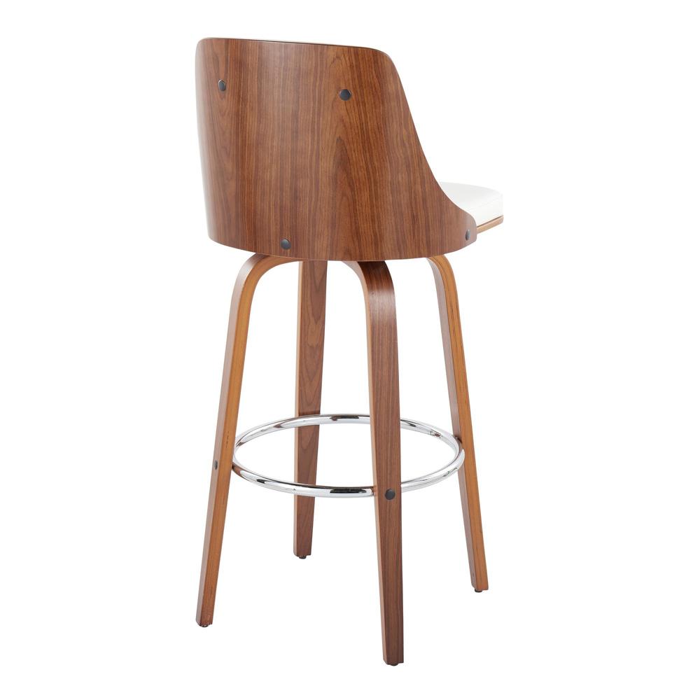 Walnut Wood, Chrome Metal, White PU Gianna Fixed-Height Barstool - Set of 2. Picture 4