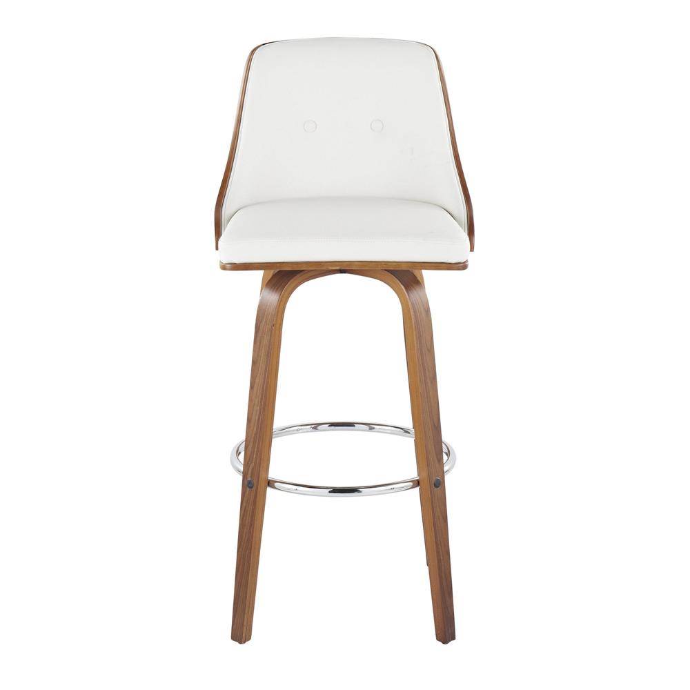 Walnut Wood, Chrome Metal, White PU Gianna Fixed-Height Barstool - Set of 2. Picture 6