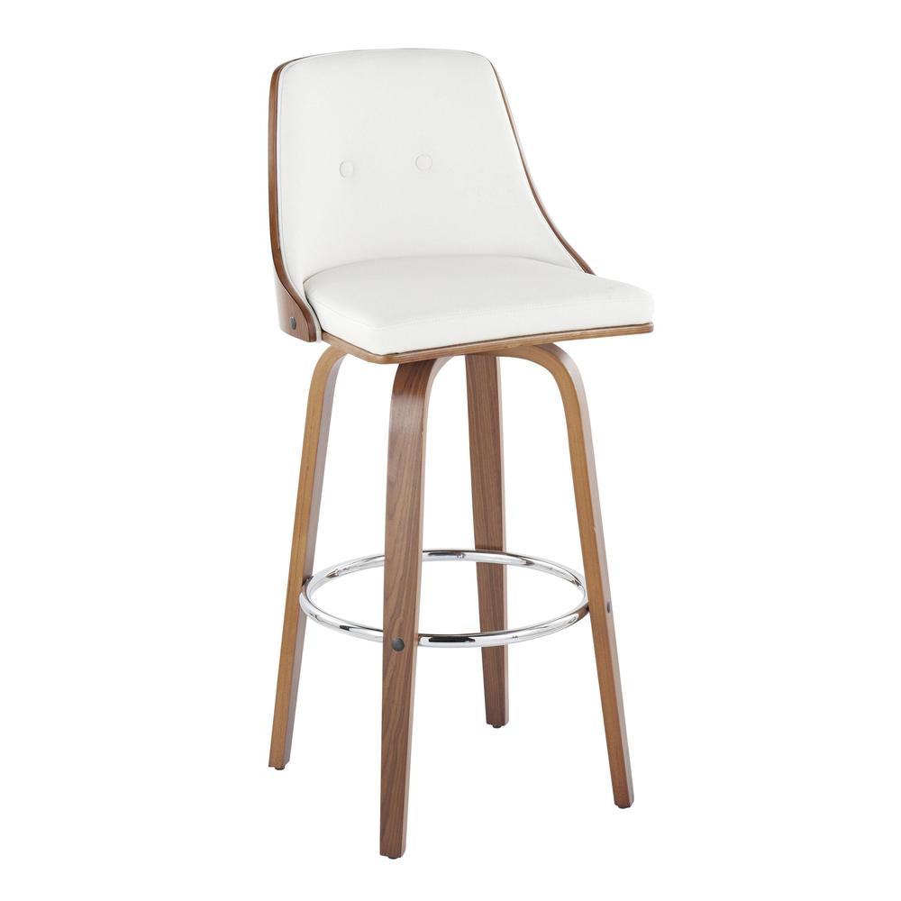 Walnut Wood, Chrome Metal, White PU Gianna Fixed-Height Barstool - Set of 2. Picture 2