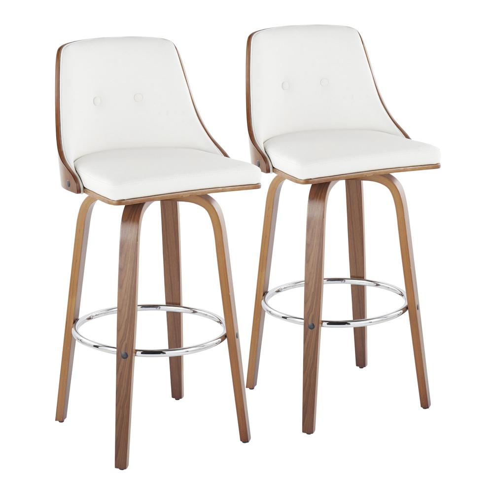 Walnut Wood, Chrome Metal, White PU Gianna Fixed-Height Barstool - Set of 2. Picture 1