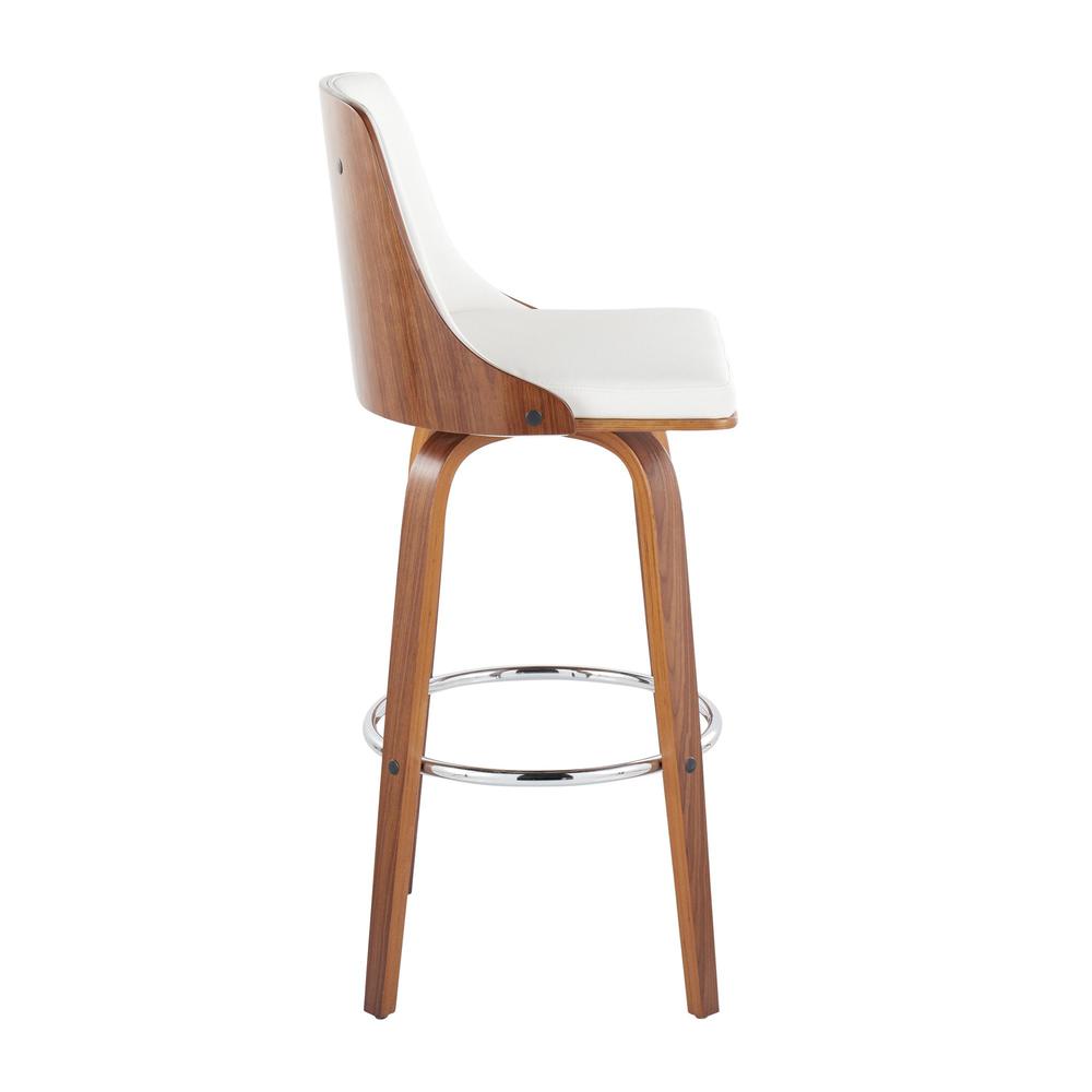 Walnut Wood, Chrome Metal, White PU Gianna Fixed-Height Barstool - Set of 2. Picture 3