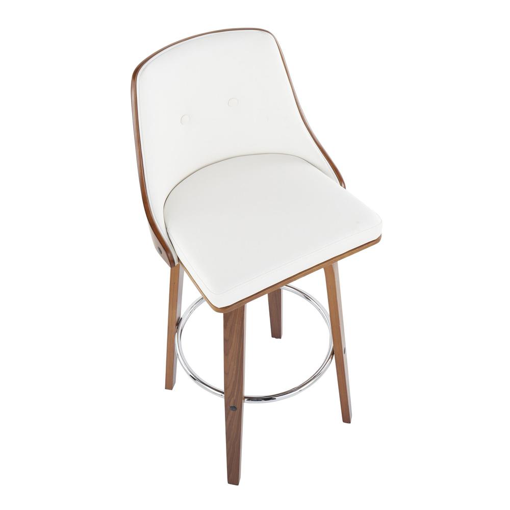 Walnut Wood, Chrome Metal, White PU Gianna Fixed-Height Barstool - Set of 2. Picture 7