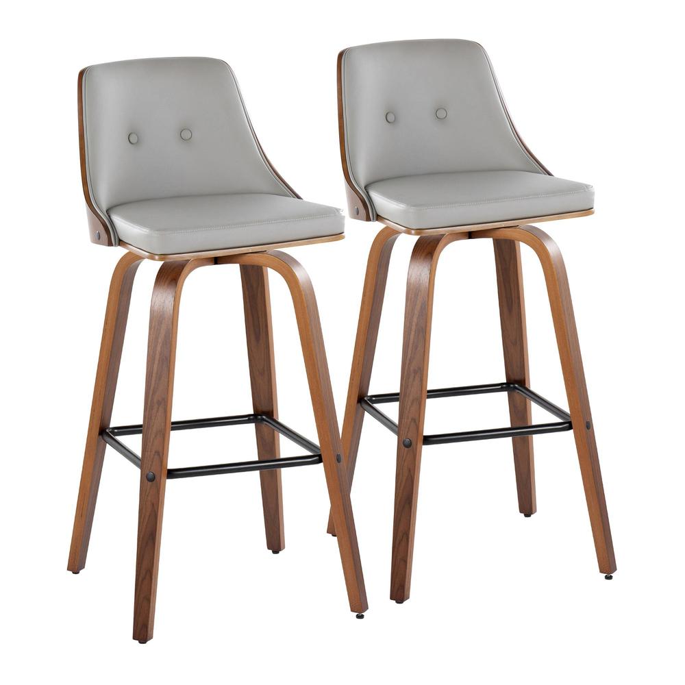 Walnut Wood, Light Grey PU, Black Metal Gianna Fixed-Height Barstool - Set of 2. Picture 1