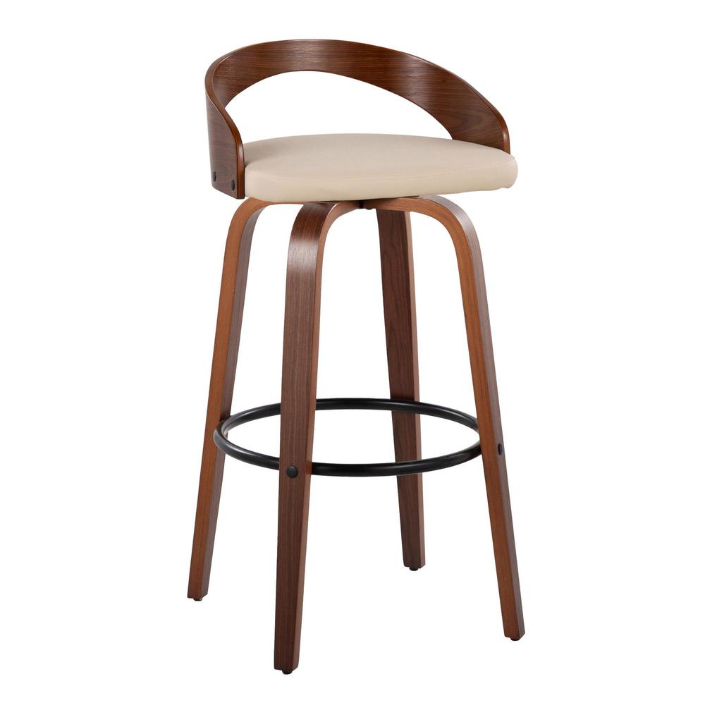 Walnut Wood, Black Metal, Cream PU Grotto 30" Fixed-Height Barstool - Set of 2. Picture 2