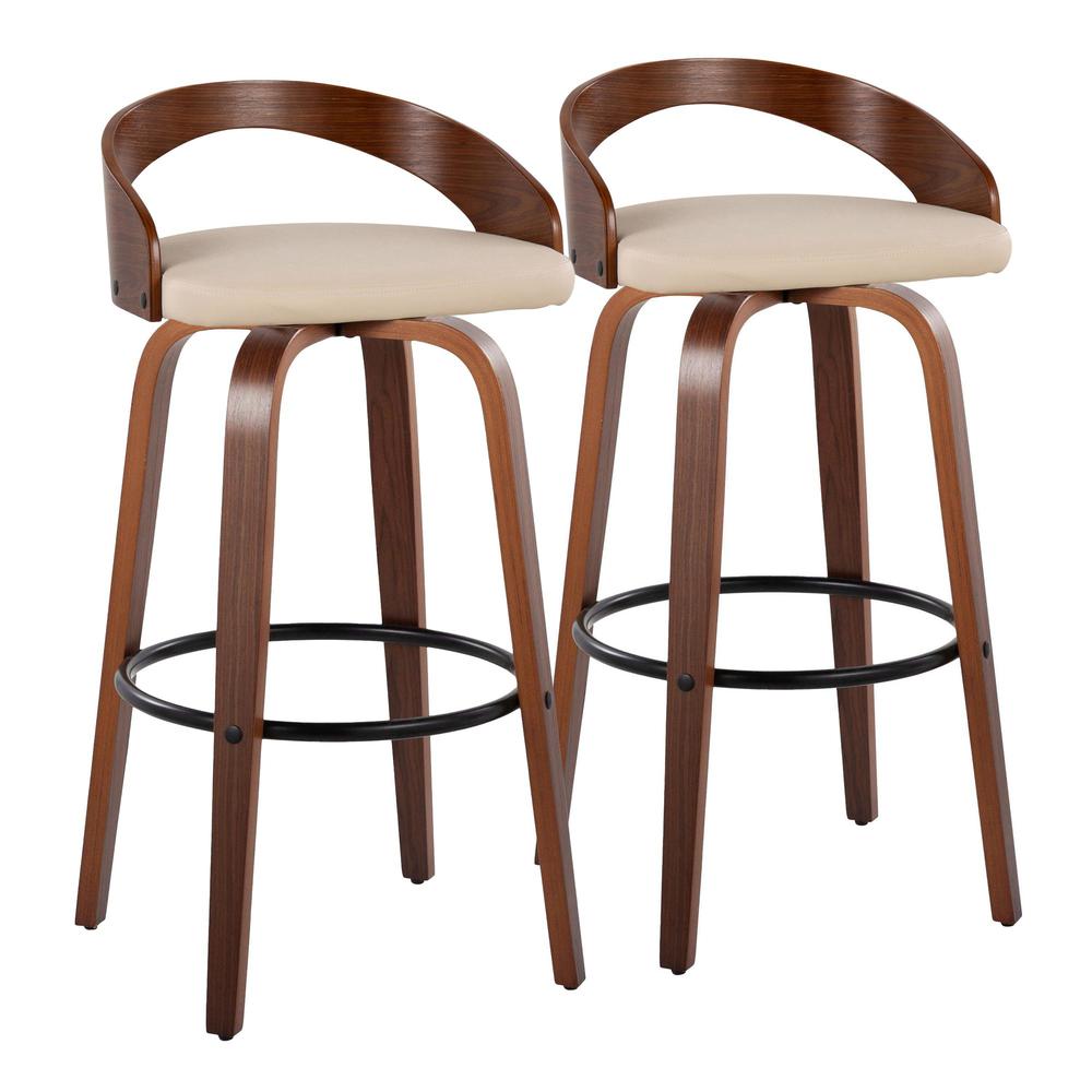 Walnut Wood, Black Metal, Cream PU Grotto 30" Fixed-Height Barstool - Set of 2. Picture 1