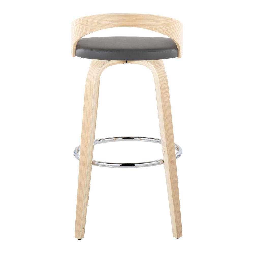 Natural Wood, Grey PU, Chrome Metal Grotto 30" Fixed-Height Barstool - Set of 2. Picture 5