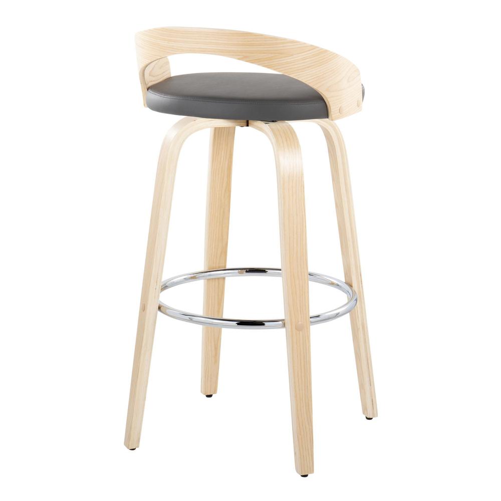 Natural Wood, Grey PU, Chrome Metal Grotto 30" Fixed-Height Barstool - Set of 2. Picture 4